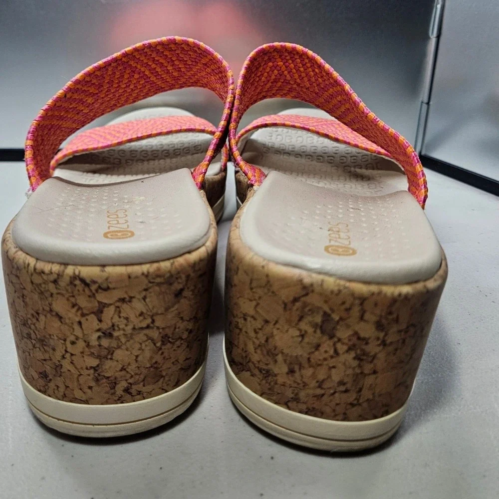 Bzees Sz 9 Double Strap Cork Wedge Sandals Red Orange Stretch Woven Comfort #374
